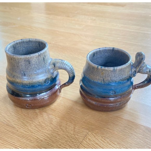New Handmade Studio his/her Pottery mugs, signed, earth tones, blue, glazed - Picture 3 of 9